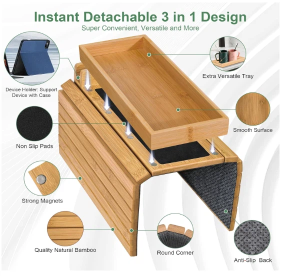 3-in-1 Detachable Sofa Arm Table With Phone And Tablet Holder