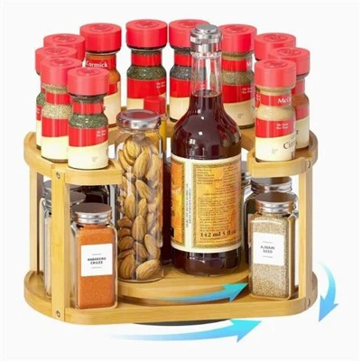 Penyusun Rempah Meja Putar Buluh Lazy Susan 2 Tingkat